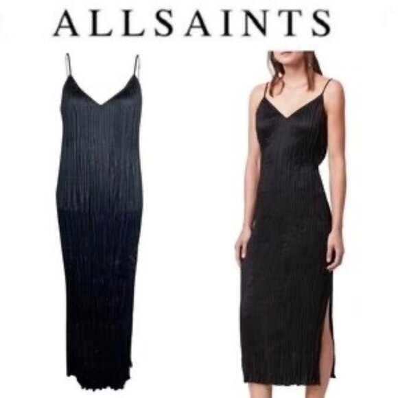 AllSaints V-Neck black pleaded Midi Length Dress size S - Picture 1 of 10